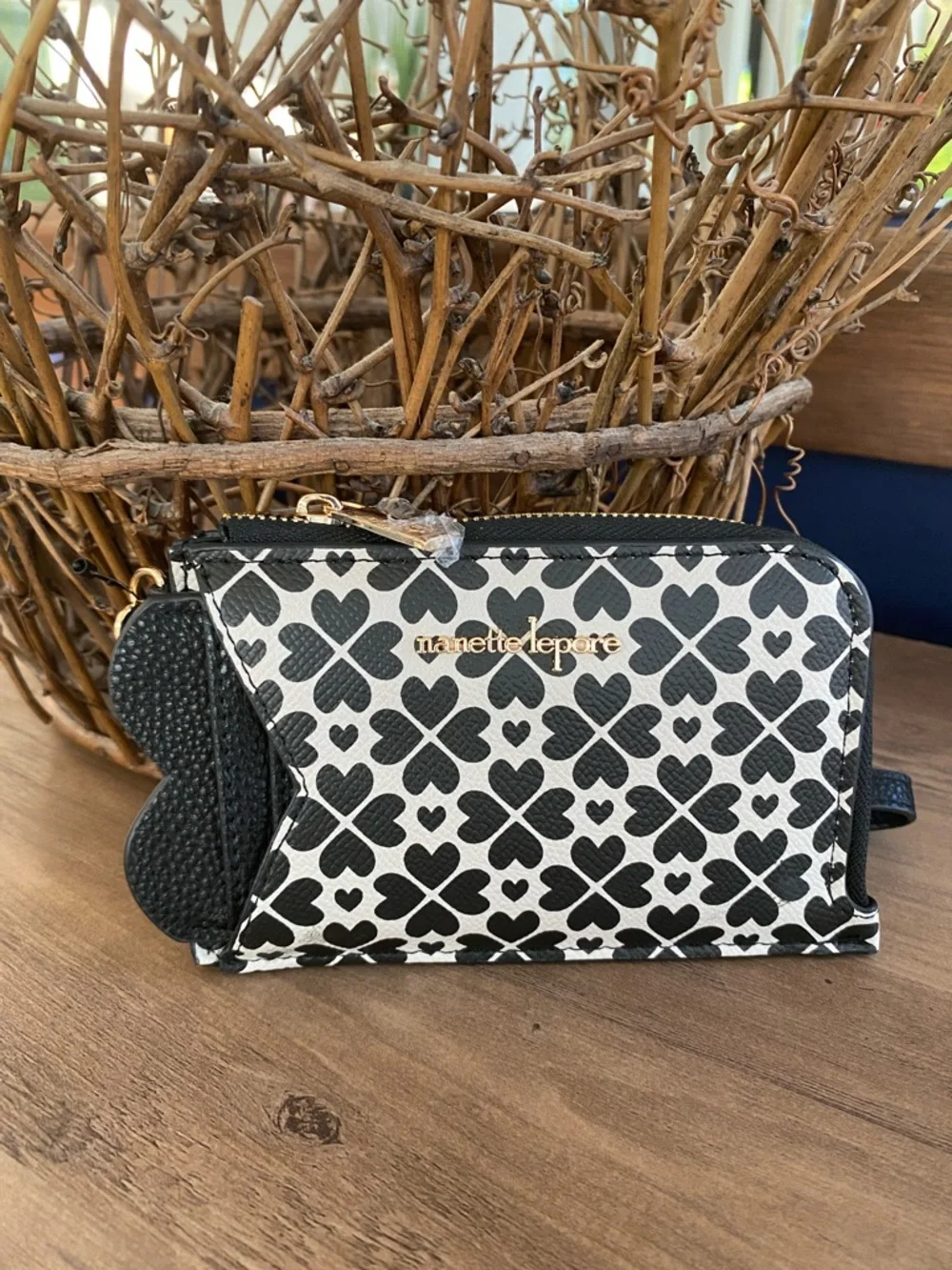 Nanette Lepore Black & White Heart Clover Zip Wristlet
